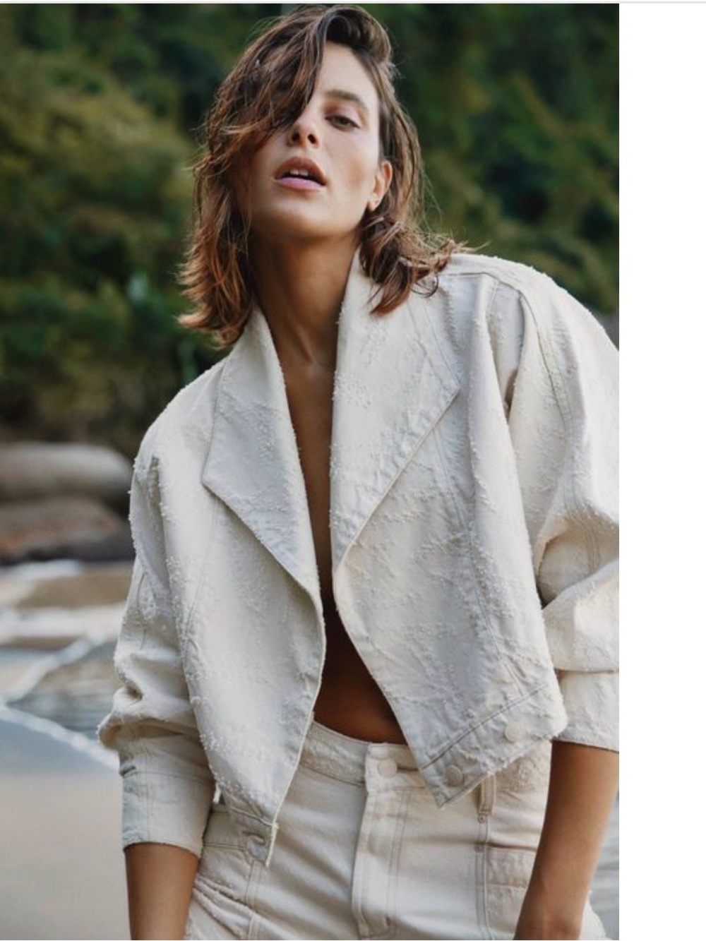 Cropped Cream Textured Jean Jacket